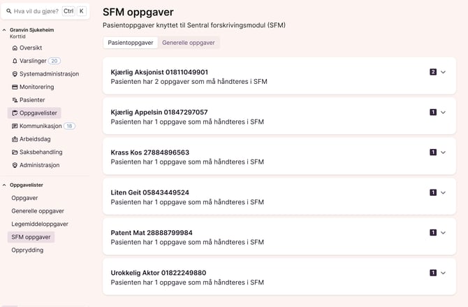 SFM-oppgaver finner du rett under Legemiddeloppgaver i Oppgavelister